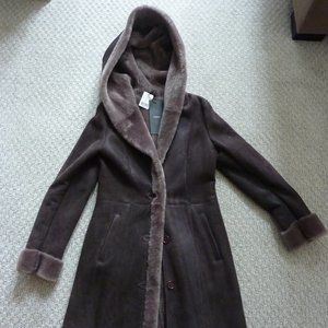 DANIER LEATHER - NEW long brown sheepskin shearling coat, never worn, size XS